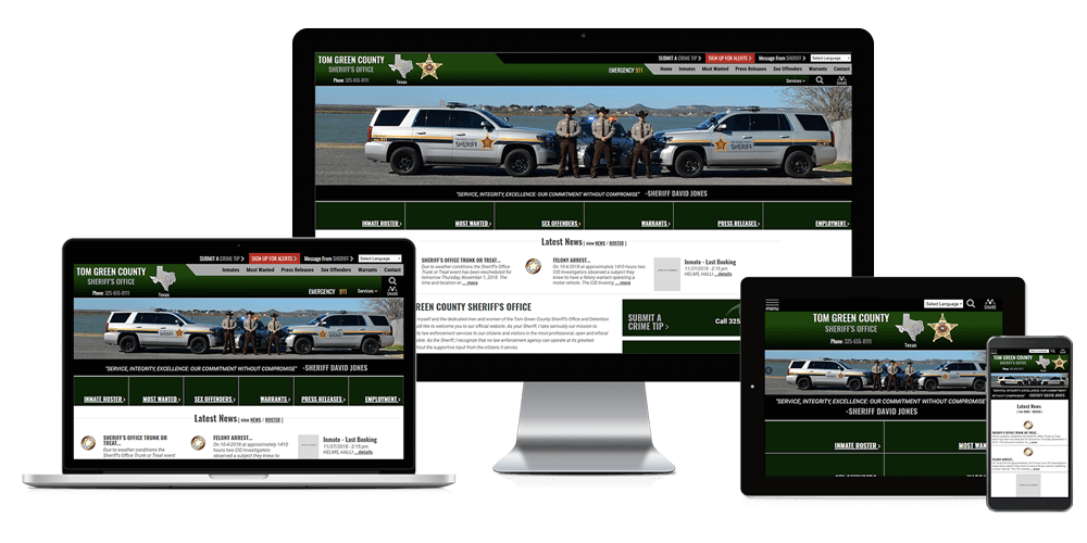 Tom Green County Sheriff's Office, Texas website displayed on four different devices.