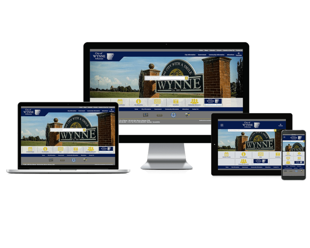 The City of Wynne Arkansas Government Website displayed at different responsive views.