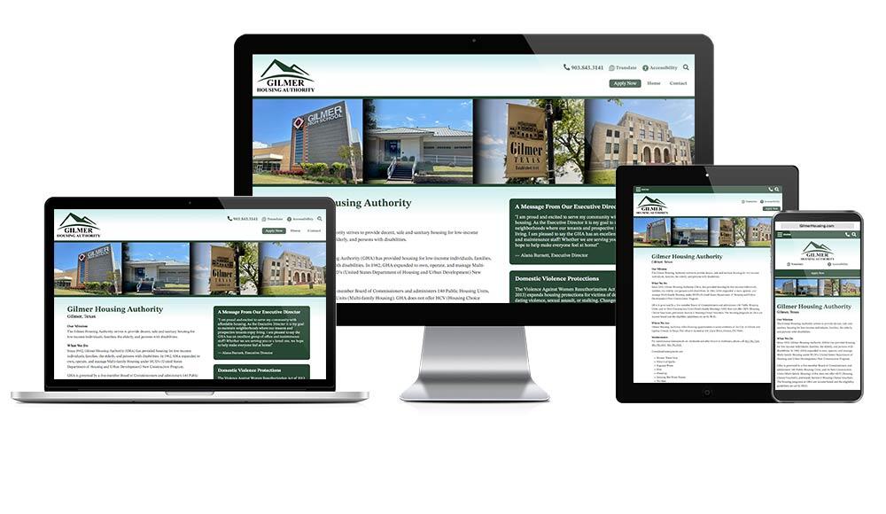 GilmerHousing Authority, Texas website displayed on four different devices.