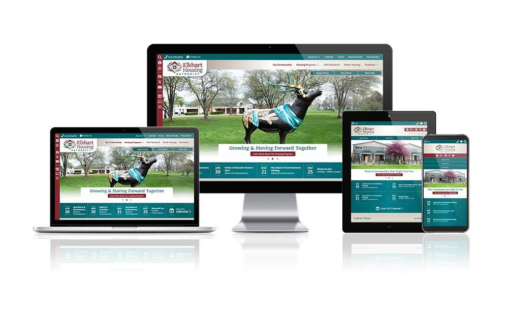 Elkhart Housing Authority website displayed on four different devices.