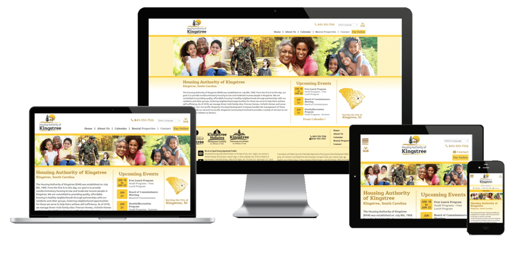 Kingstree Housing Authority, South Carolina website displayed on four different devices.