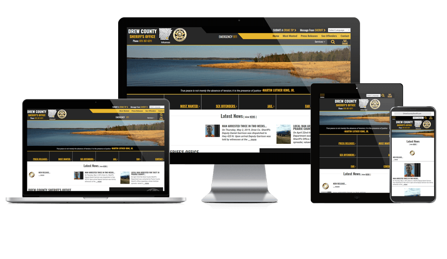 Showcase of Drew County Sheriff, Arkansas website on different screen sizes.