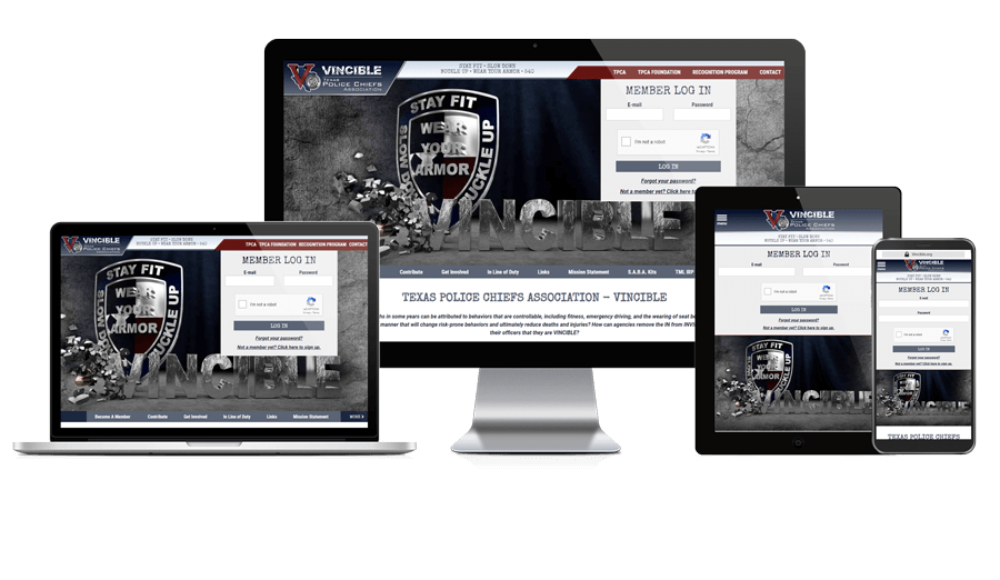 Showcase of the Vincible - Texas Police Chiefs Association website on different screen sizes.