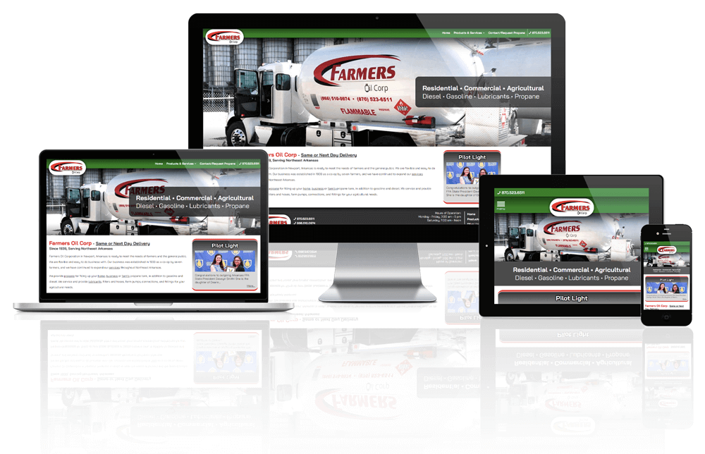 Farmers Oil Corp website displayed on four different devices.