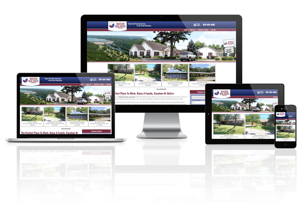 Baxter Real Estate Company website displayed on four different devices.