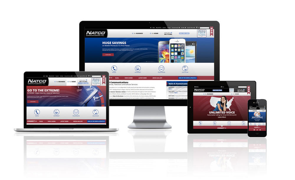 NATCO Communications Inc. website displayed on four different devices.