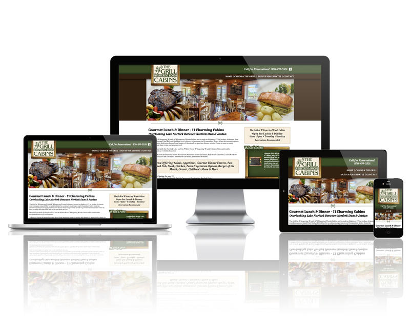 The Grill At Whispering Woods Cabins responsive website being shown on four different devices.