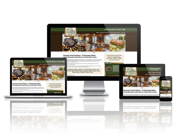 Responsive screen mockup of The Grill at Whispering Woods Cabins Website