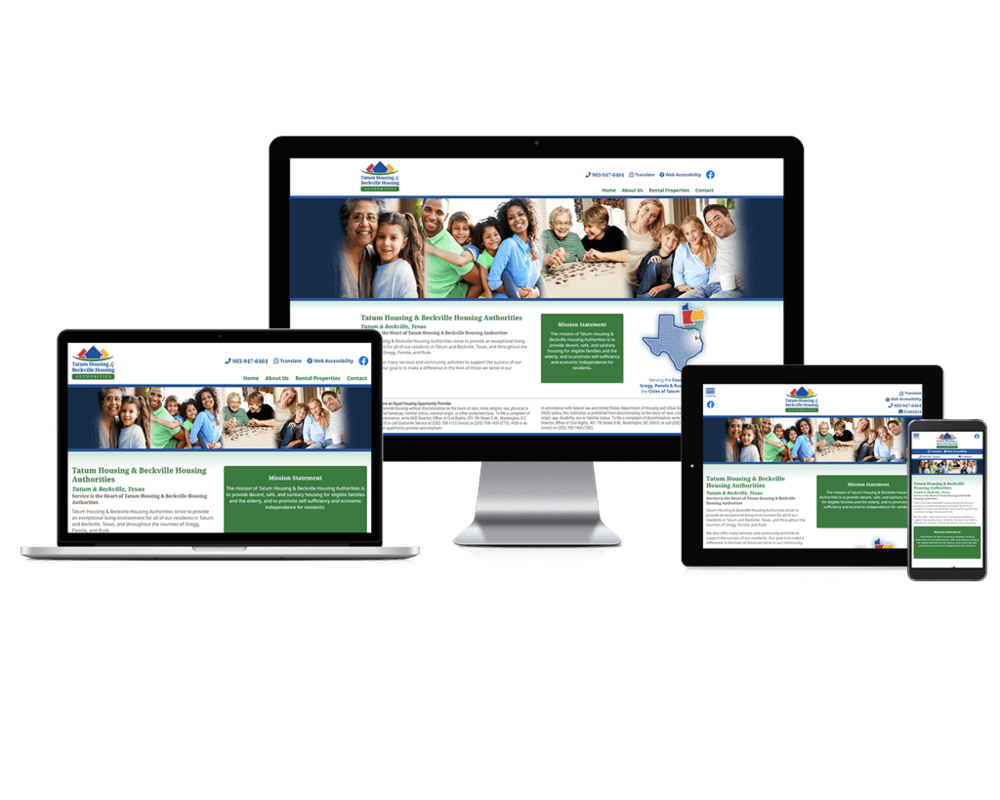 Tatum Housing & Beckville Housing Authorities, Texas responsive website being shown on four different devices.
