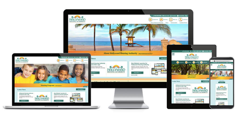 Hollywood Housing Authority website displayed on four different devices.