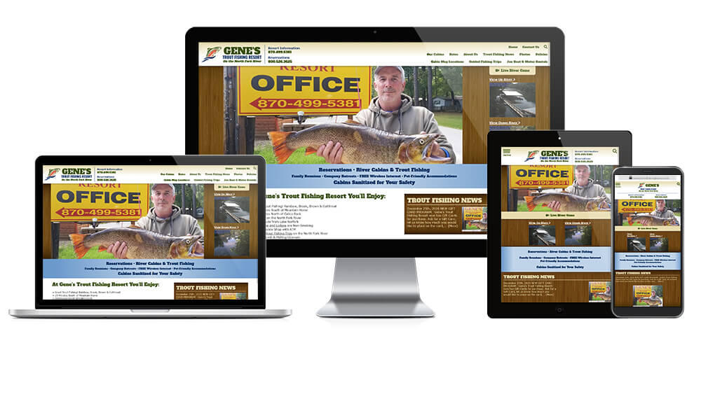 Gene's Trout Fishing Resort responsive website mockup.