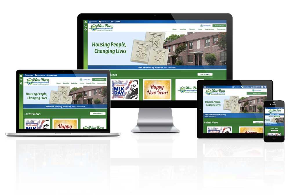 New Bern Housing Authority website displayed on four different devices.