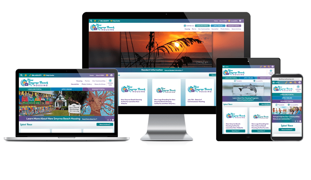 New Smyrna Beach Housing website displayed on four different devices.