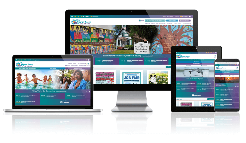 New Smyrna Beach Housing website displayed on four different devices.