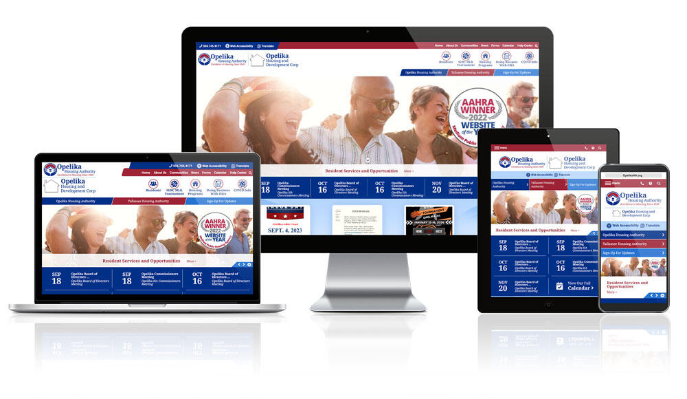 Opelika Housing Authority website displayed on four different devices.
