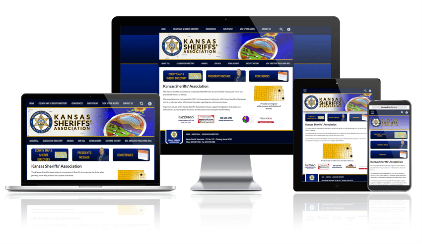 Kansas Sheriffs' Association website displayed on four different devices.