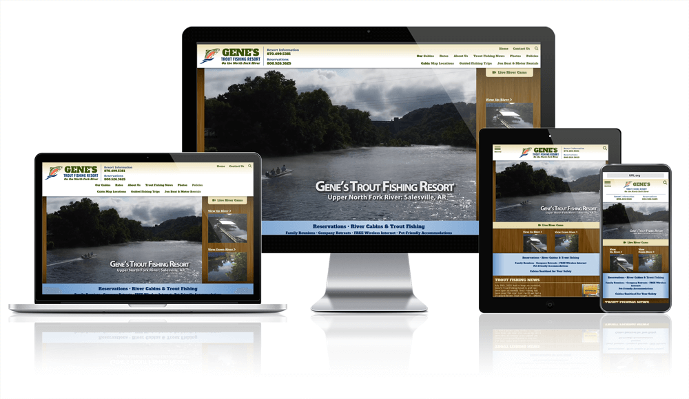 Gene's Trout Fishing Resort responsive website mockup.